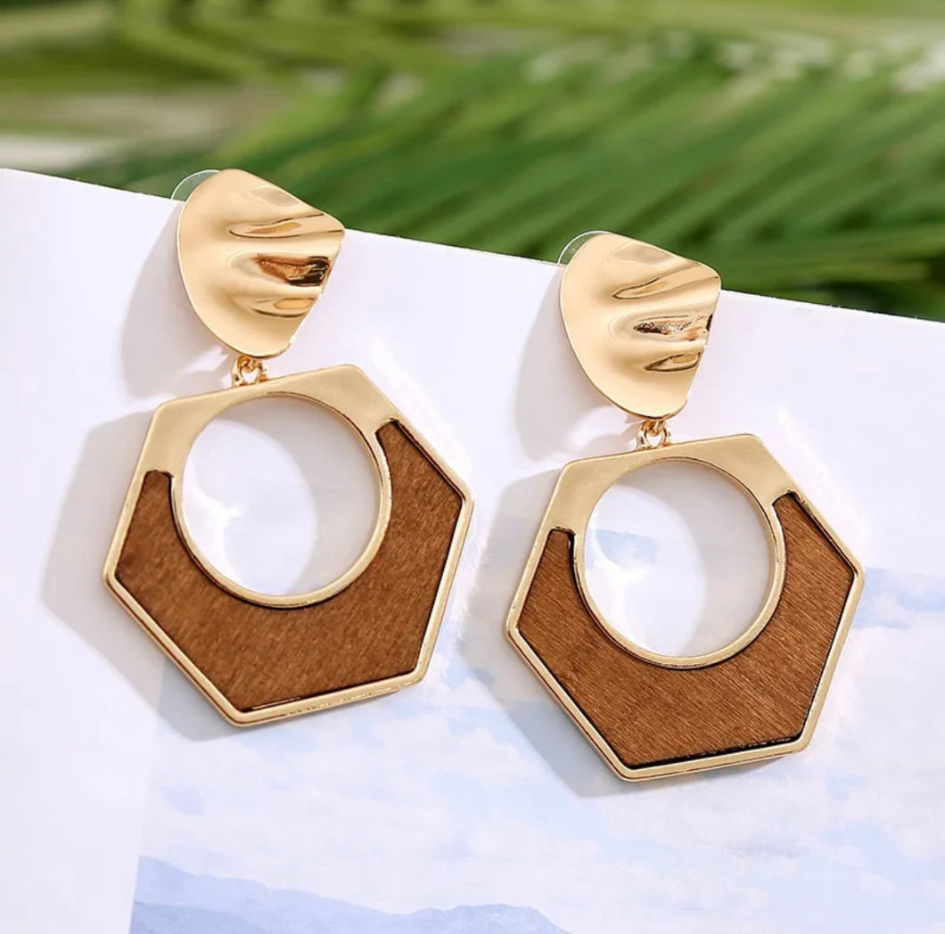Gold wooden button drop earrings