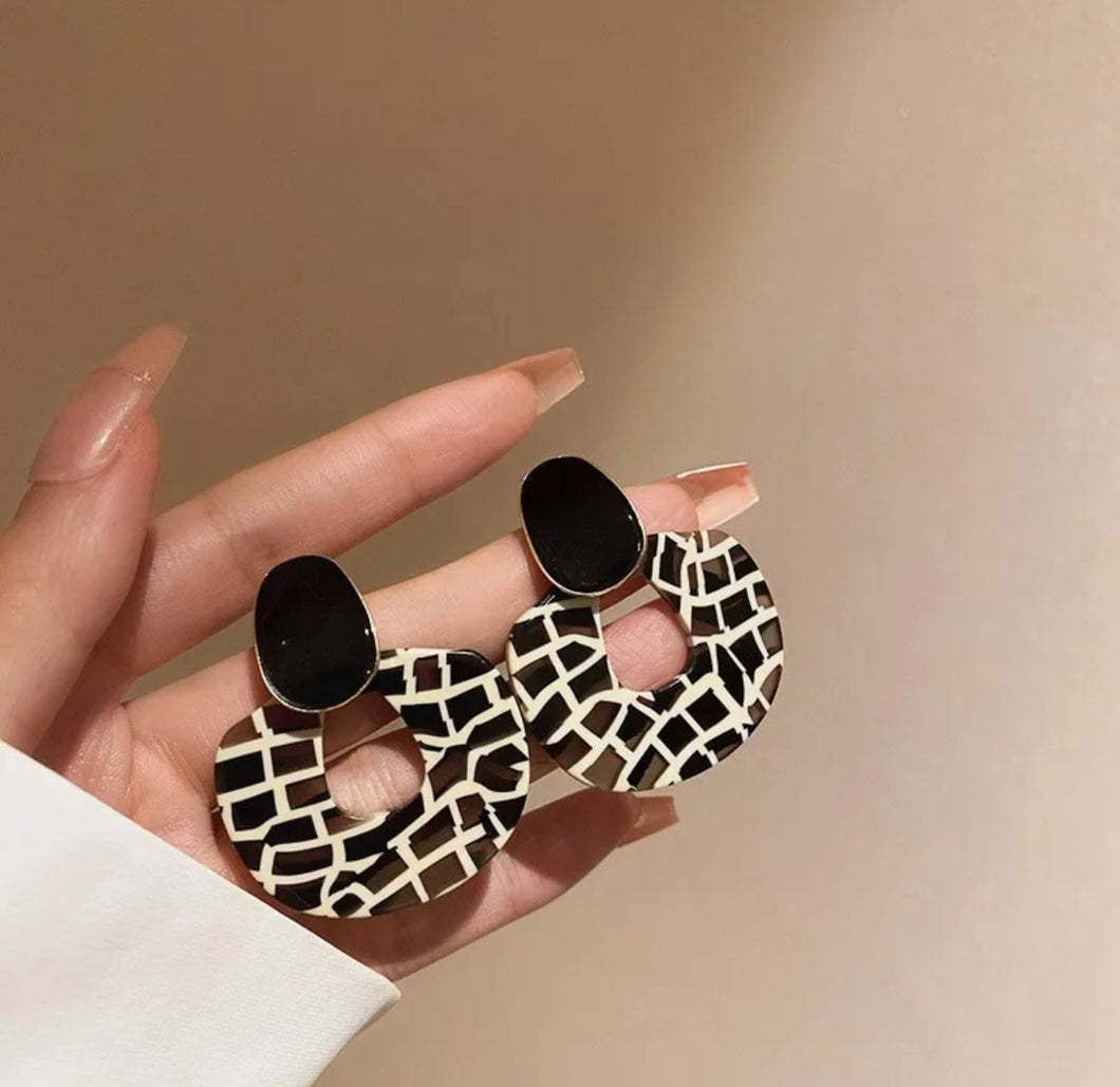Black and white button hoop drop earrings