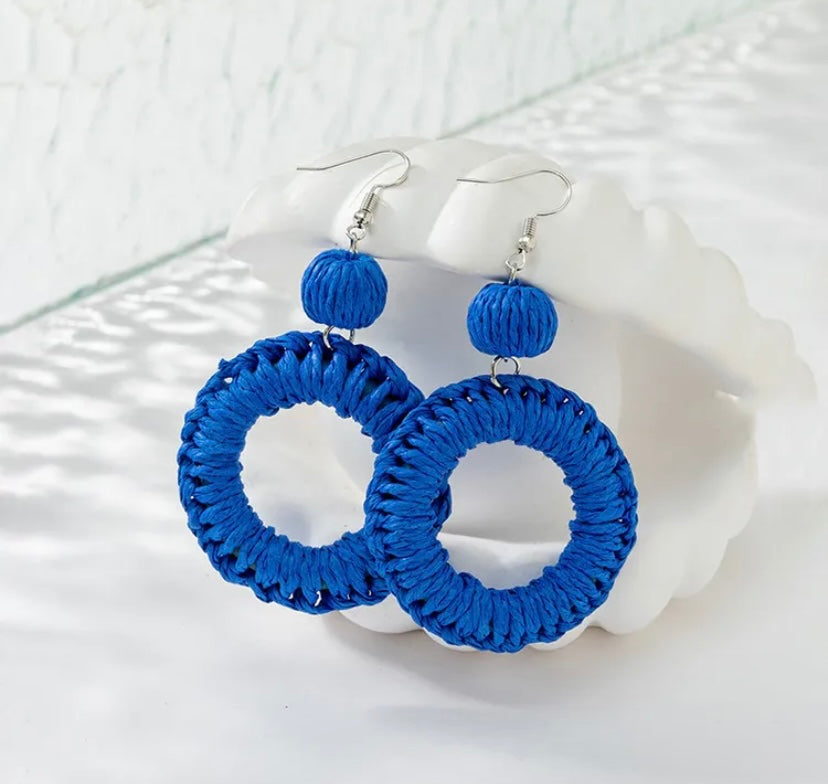 Blue woven chandelier drop earrings