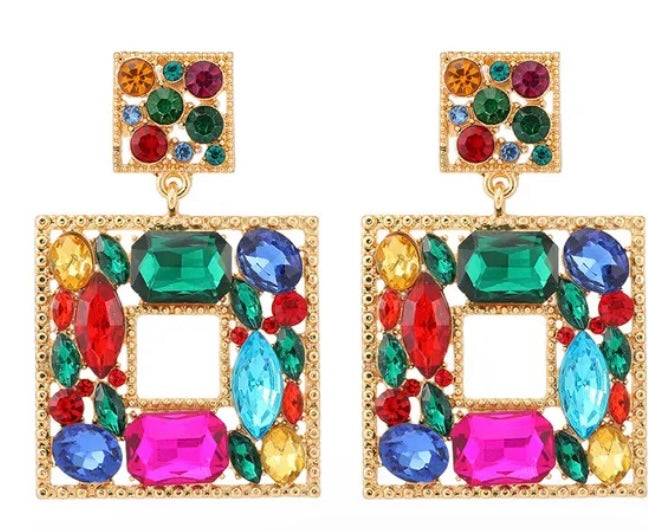 Retro geometric gold multi chandelier earrings
